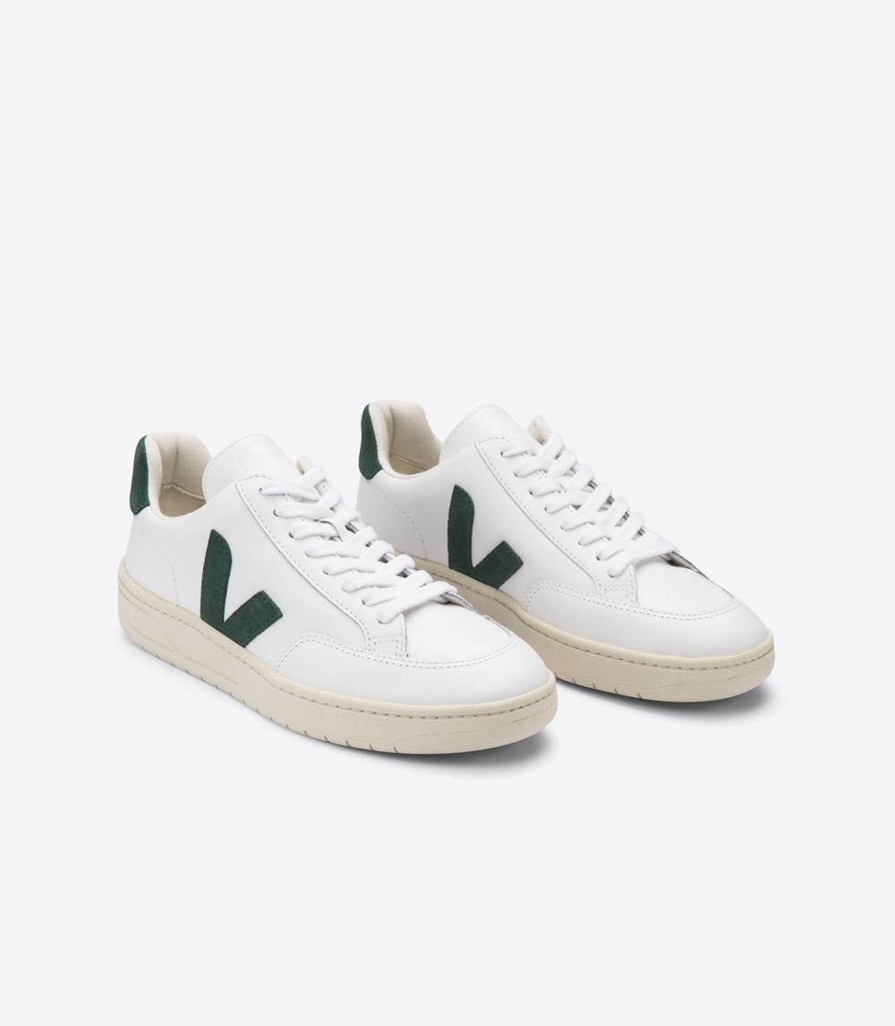 Tenis Veja Mujer - V-12 Cuero - Blancos/Verdes - 654DLWHQC